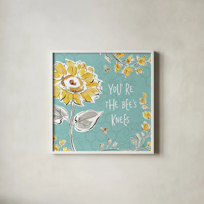 Bee Happy II by Daphne Brissonnet. Shown in a crisp white glass frame for a clean and minimalist style. Available as an archival giclee rolled canvas, fine art paper, or poster print. SKU 36774a.