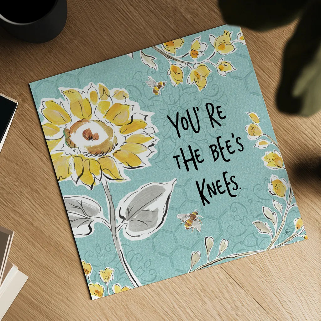 Bee Happy II Linen by Daphne Brissonnet. Shown as a detailed flat fine art print, highlighting archival giclee quality. Available as an archival giclee rolled canvas, fine art paper, or poster print. SKU 44550a.