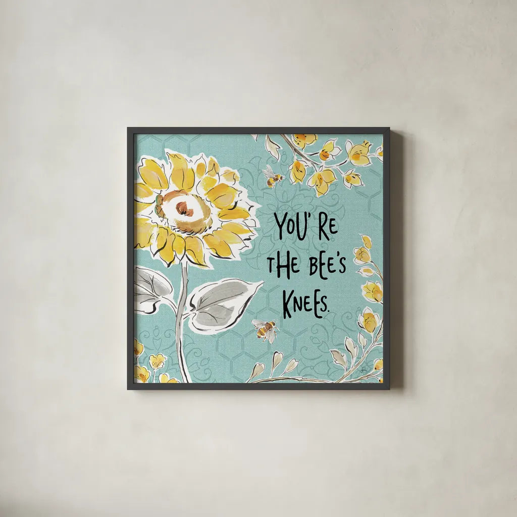 Bee Happy II Linen by Daphne Brissonnet. Shown in a sleek black glass frame for a contemporary gallery look. Available as an archival giclee rolled canvas, fine art paper, or poster print. SKU 44550a.