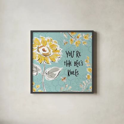 Bee Happy II Linen by Daphne Brissonnet. Shown in a sleek black glass frame for a contemporary gallery look. Available as an archival giclee rolled canvas, fine art paper, or poster print. SKU 44550a.