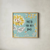 Bee Happy II Linen by Daphne Brissonnet. Shown in a natural wood glass frame for a timeless modern aesthetic. Available as an archival giclee rolled canvas, fine art paper, or poster print. SKU 44550a.