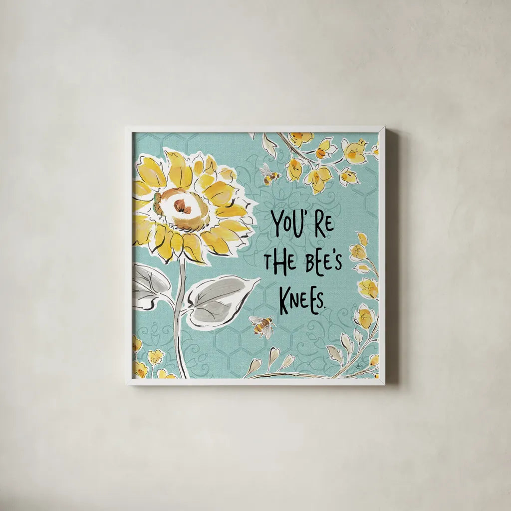 Bee Happy II Linen by Daphne Brissonnet. Shown in a crisp white glass frame for a clean and minimalist style. Available as an archival giclee rolled canvas, fine art paper, or poster print. SKU 44550a.