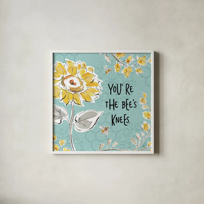 Bee Happy II Linen by Daphne Brissonnet. Shown in a crisp white glass frame for a clean and minimalist style. Available as an archival giclee rolled canvas, fine art paper, or poster print. SKU 44550a.