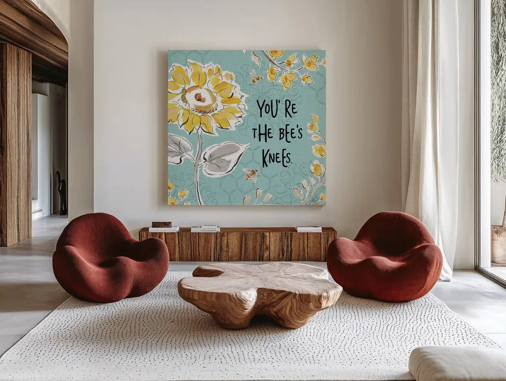 Bee Happy II Linen by Daphne Brissonnet. Shown as extra-large giant wall art in a modern living room. Available as an archival giclee rolled canvas, fine art paper, or poster print. SKU 44550a.