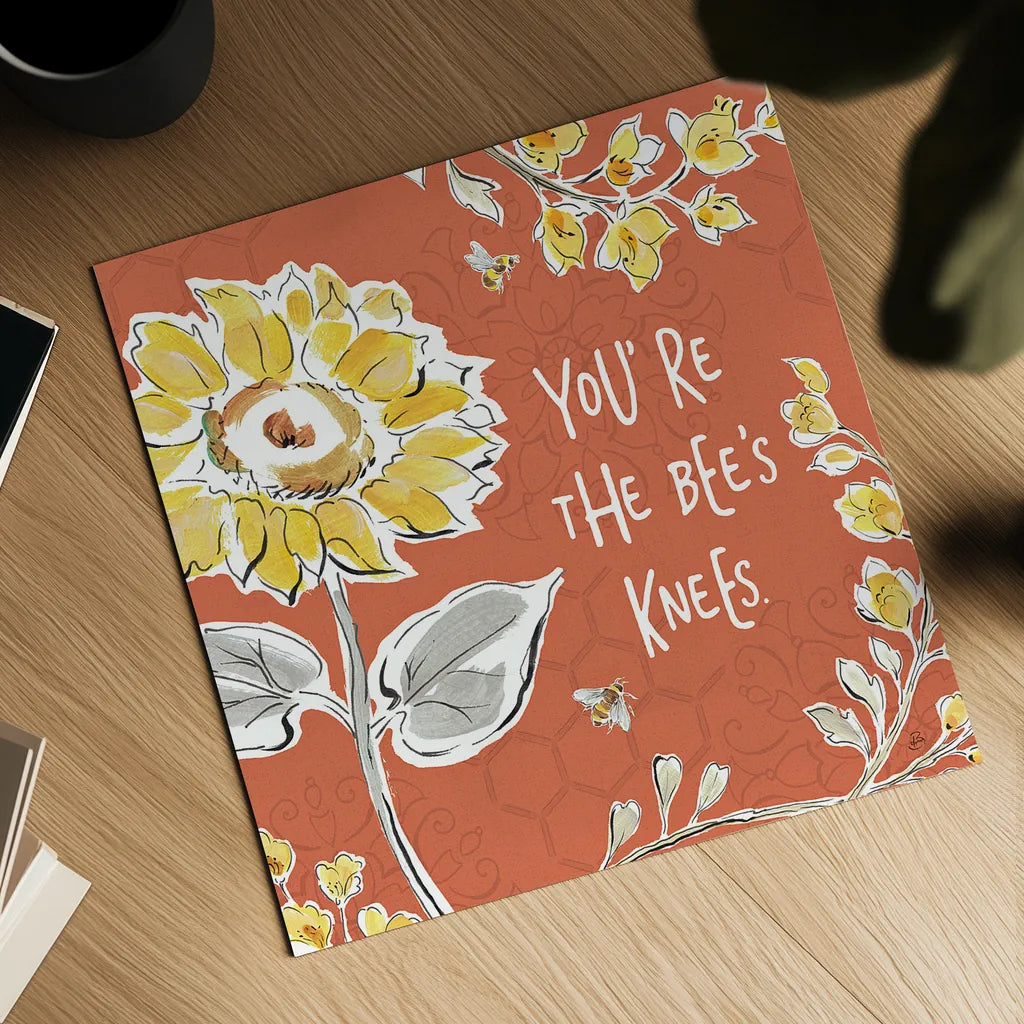 Bee Happy II Spice by Daphne Brissonnet. Shown as a detailed flat fine art print, highlighting archival giclee quality. Available as an archival giclee rolled canvas, fine art paper, or poster print. SKU 36779a.