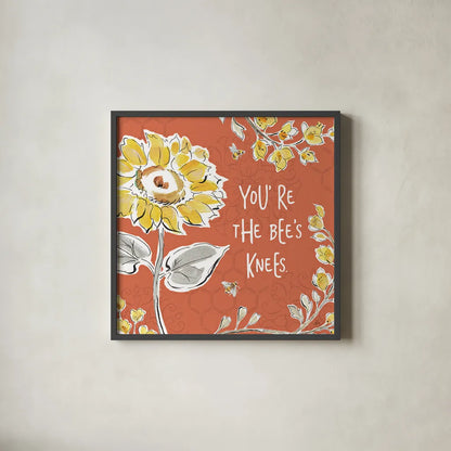 Bee Happy II Spice by Daphne Brissonnet. Shown in a sleek black glass frame for a contemporary gallery look. Available as an archival giclee rolled canvas, fine art paper, or poster print. SKU 36779a.