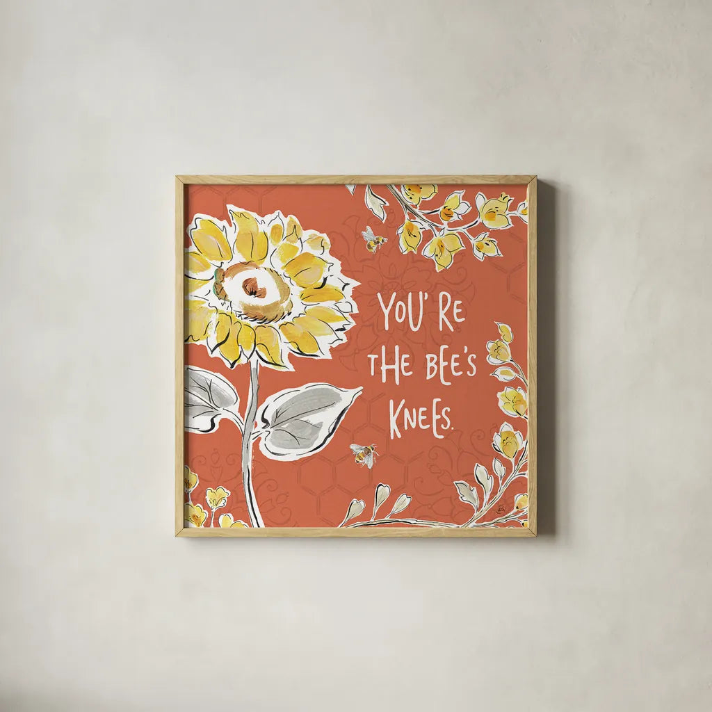 Bee Happy II Spice by Daphne Brissonnet. Shown in a natural wood glass frame for a timeless modern aesthetic. Available as an archival giclee rolled canvas, fine art paper, or poster print. SKU 36779a.