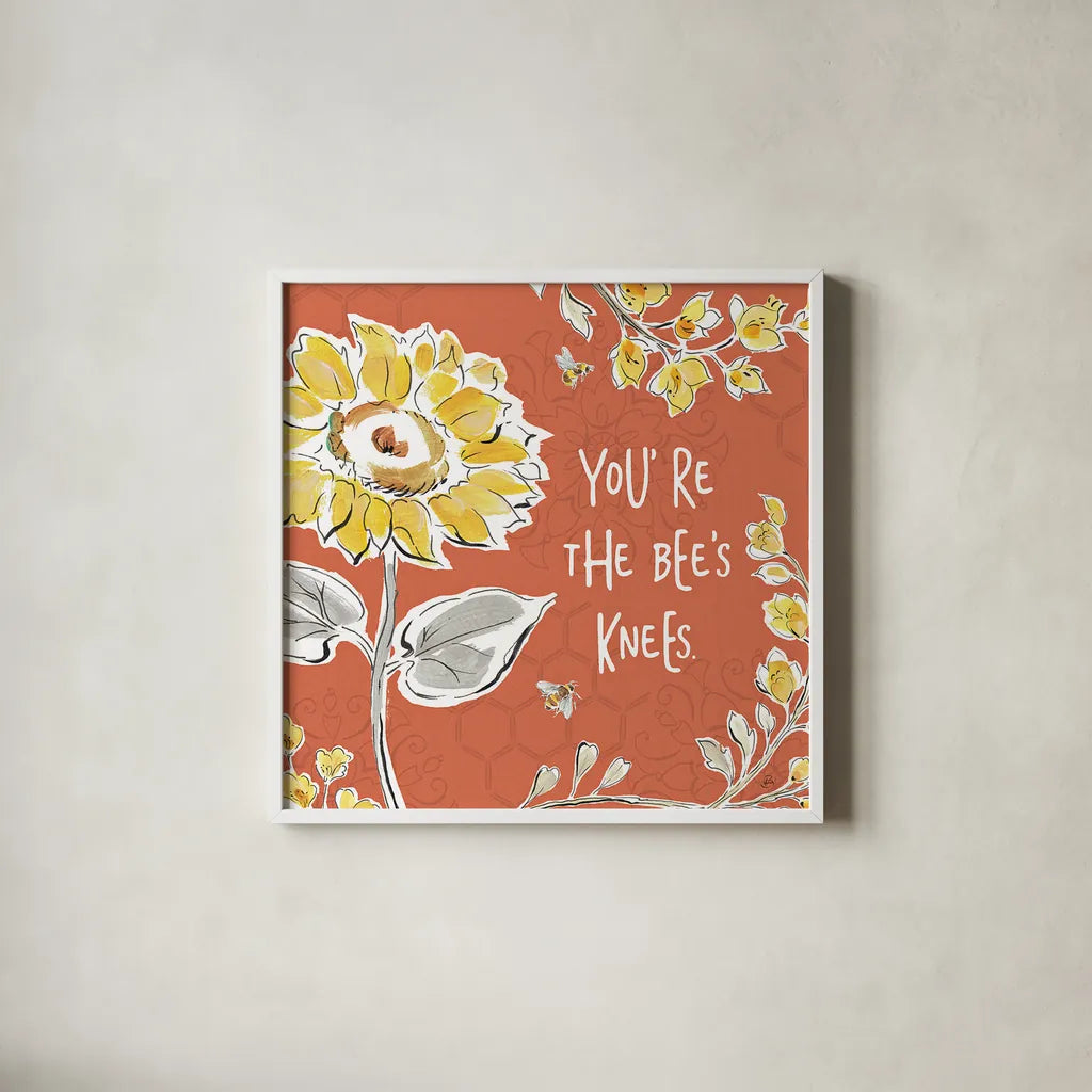 Bee Happy II Spice by Daphne Brissonnet. Shown in a crisp white glass frame for a clean and minimalist style. Available as an archival giclee rolled canvas, fine art paper, or poster print. SKU 36779a.