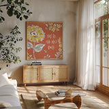 Bee Happy II Spice by Daphne Brissonnet. Shown in a natural wood frame in a cozy modern living room. Available as an archival giclee rolled canvas, fine art paper, or poster print. SKU 36779a.