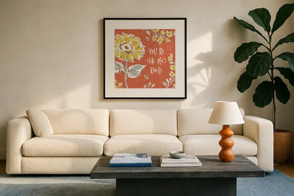 Bee Happy II Spice by Daphne Brissonnet. Displayed in a glass frame with matte in a clean modern living room. Available as an archival giclee rolled canvas, fine art paper, or poster print. SKU 36779a.