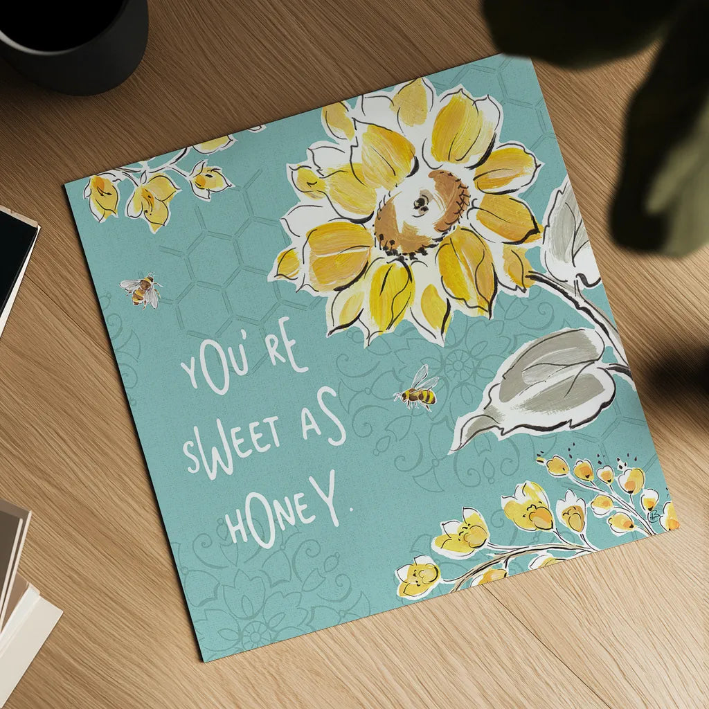 Bee Happy III by Daphne Brissonnet. Shown as a detailed flat fine art print, highlighting archival giclee quality. Available as an archival giclee rolled canvas, fine art paper, or poster print. SKU 36775a.