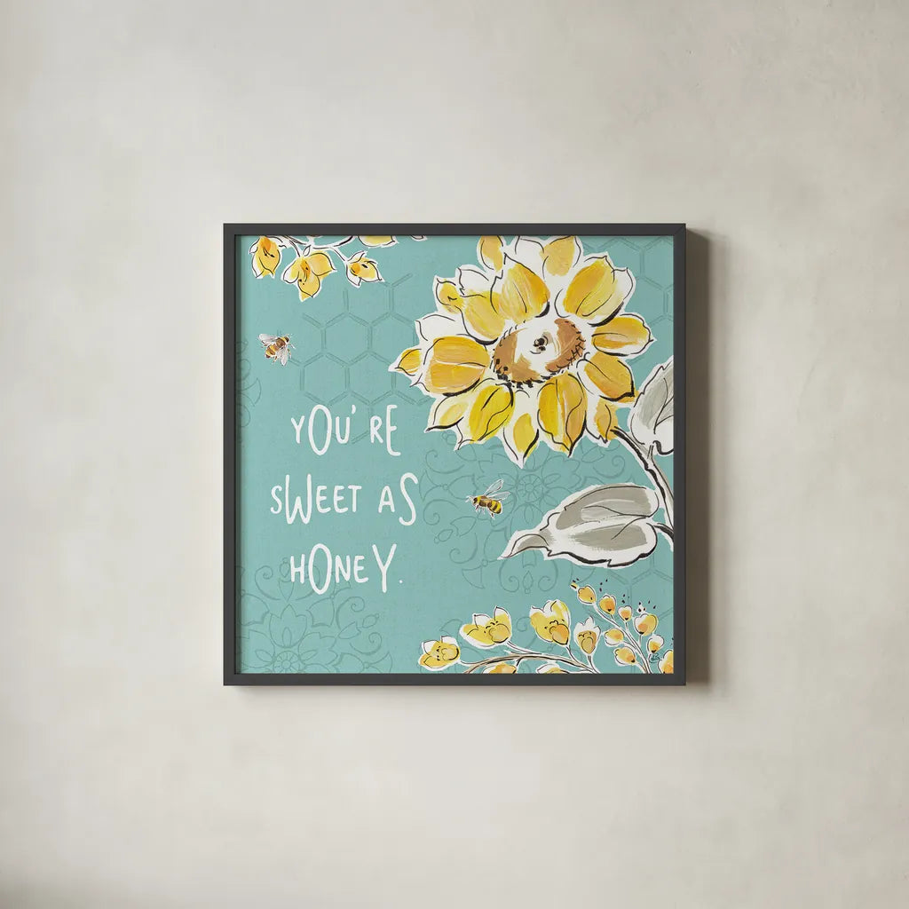 Bee Happy III by Daphne Brissonnet. Shown in a sleek black glass frame for a contemporary gallery look. Available as an archival giclee rolled canvas, fine art paper, or poster print. SKU 36775a.
