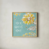 Bee Happy III by Daphne Brissonnet. Shown in a natural wood glass frame for a timeless modern aesthetic. Available as an archival giclee rolled canvas, fine art paper, or poster print. SKU 36775a.