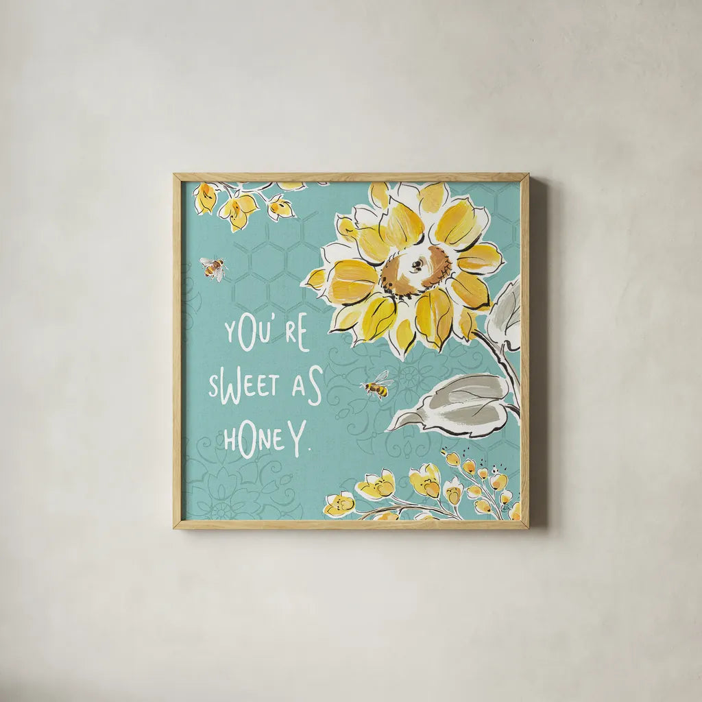 Bee Happy III by Daphne Brissonnet. Shown in a natural wood glass frame for a timeless modern aesthetic. Available as an archival giclee rolled canvas, fine art paper, or poster print. SKU 36775a.