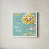 Bee Happy III by Daphne Brissonnet. Shown in a crisp white glass frame for a clean and minimalist style. Available as an archival giclee rolled canvas, fine art paper, or poster print. SKU 36775a.