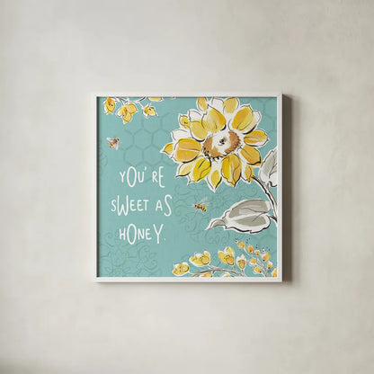 Bee Happy III by Daphne Brissonnet. Shown in a crisp white glass frame for a clean and minimalist style. Available as an archival giclee rolled canvas, fine art paper, or poster print. SKU 36775a.