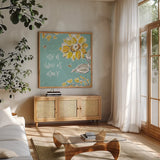Bee Happy III by Daphne Brissonnet. Shown in a natural wood frame in a cozy modern living room. Available as an archival giclee rolled canvas, fine art paper, or poster print. SKU 36775a.