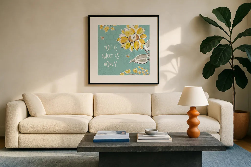 Bee Happy III by Daphne Brissonnet. Displayed in a glass frame with matte in a clean modern living room. Available as an archival giclee rolled canvas, fine art paper, or poster print. SKU 36775a.