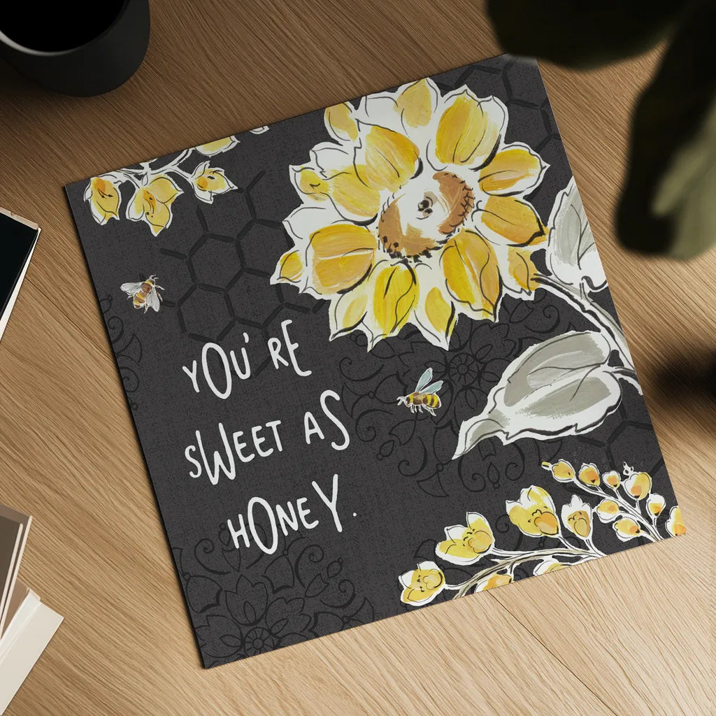 Bee Happy III Black by Daphne Brissonnet. Shown as a detailed flat fine art print, highlighting archival giclee quality. Available as an archival giclee rolled canvas, fine art paper, or poster print. SKU 44552a.