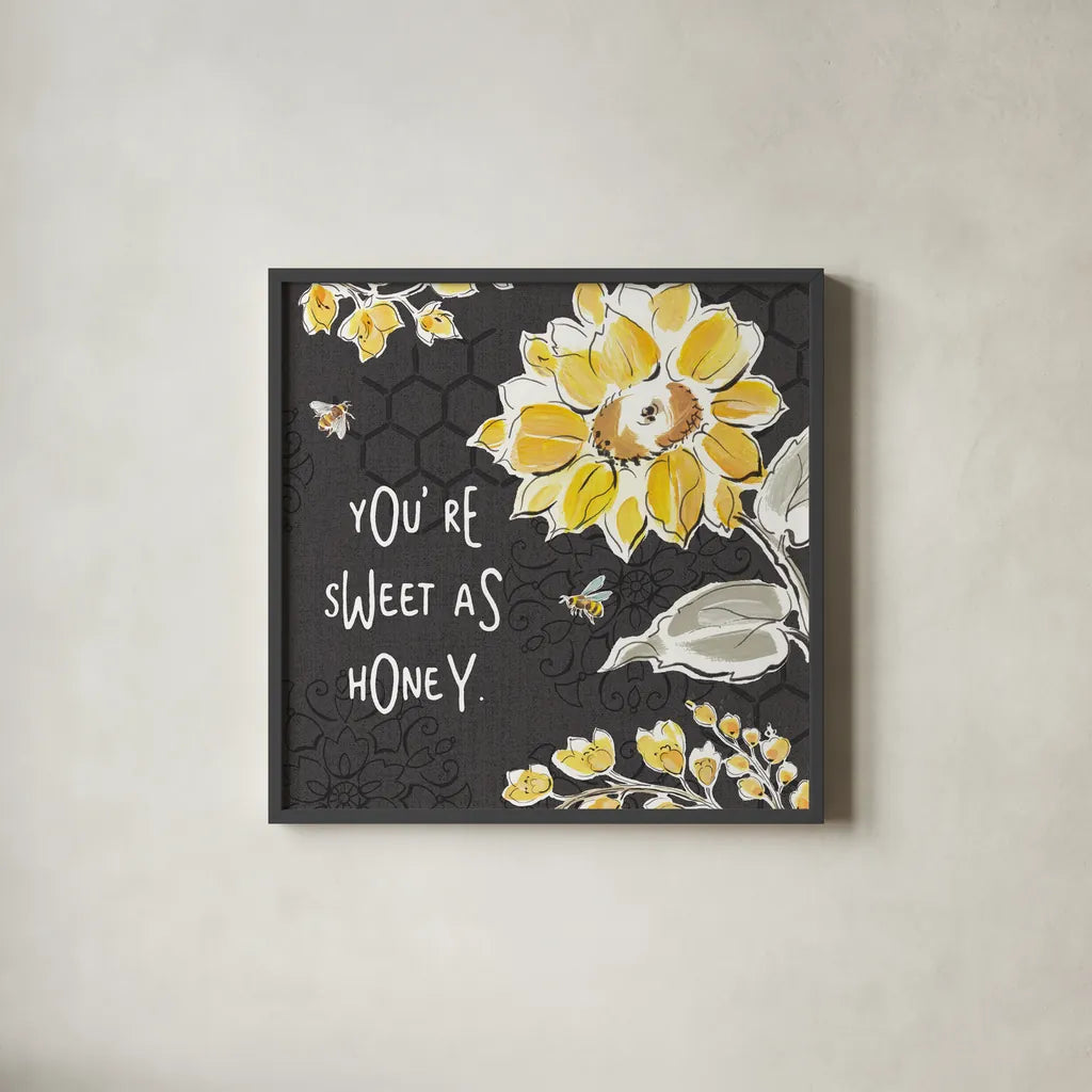 Bee Happy III Black by Daphne Brissonnet. Shown in a sleek black glass frame for a contemporary gallery look. Available as an archival giclee rolled canvas, fine art paper, or poster print. SKU 44552a.