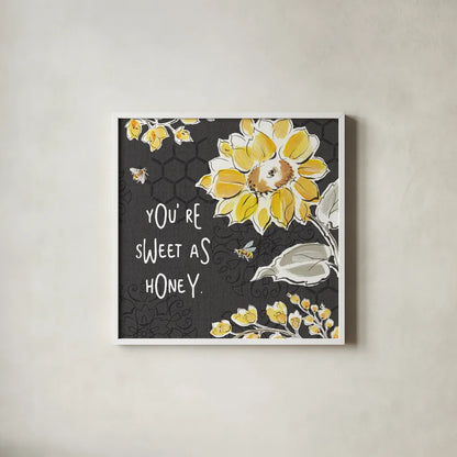 Bee Happy III Black by Daphne Brissonnet. Shown in a crisp white glass frame for a clean and minimalist style. Available as an archival giclee rolled canvas, fine art paper, or poster print. SKU 44552a.