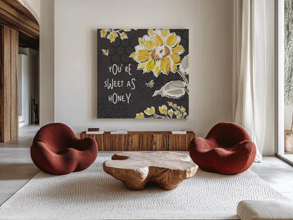 Bee Happy III Black by Daphne Brissonnet. Shown as extra-large giant wall art in a modern living room. Available as an archival giclee rolled canvas, fine art paper, or poster print. SKU 44552a.