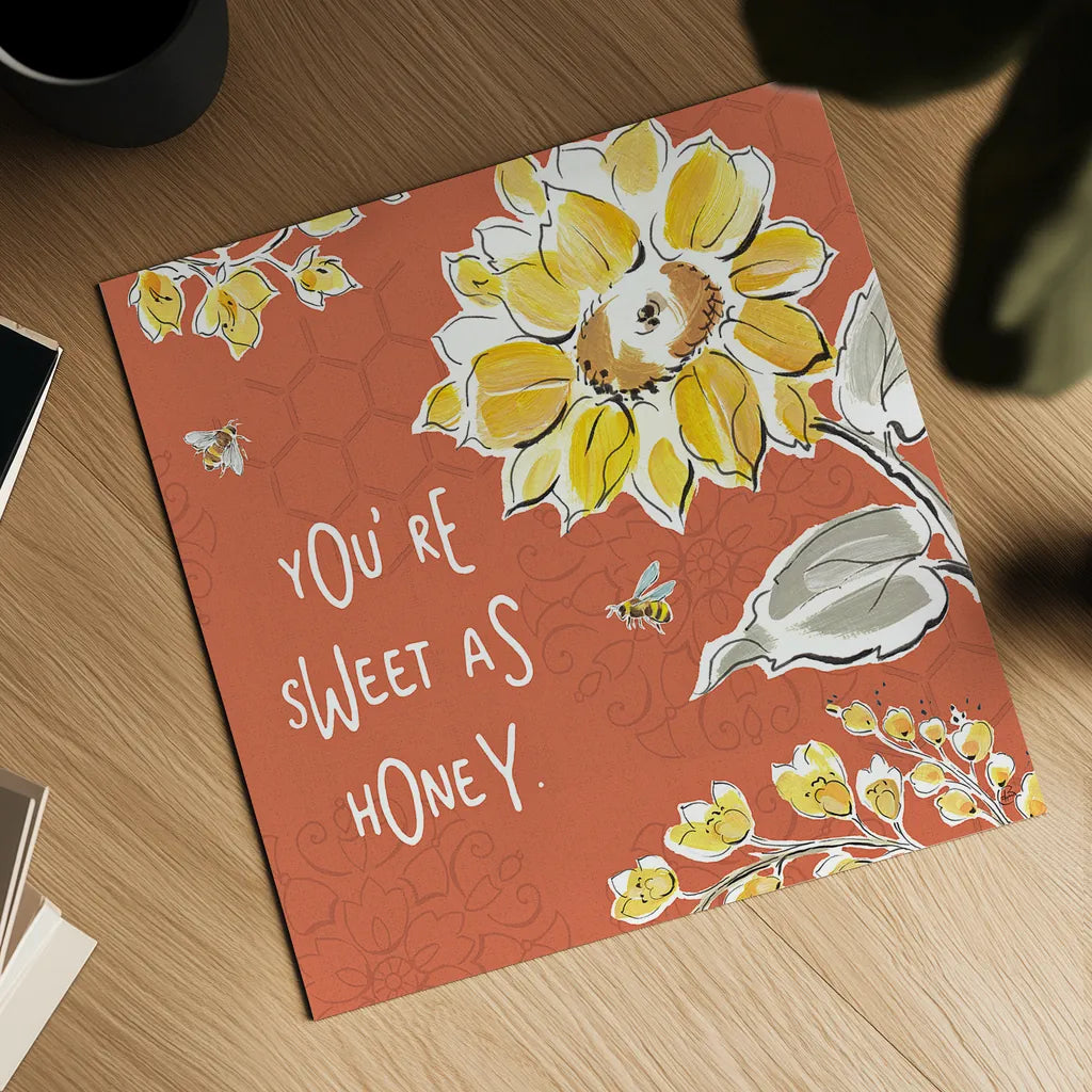 Bee Happy III Spice by Daphne Brissonnet. Shown as a detailed flat fine art print, highlighting archival giclee quality. Available as an archival giclee rolled canvas, fine art paper, or poster print. SKU 36780a.