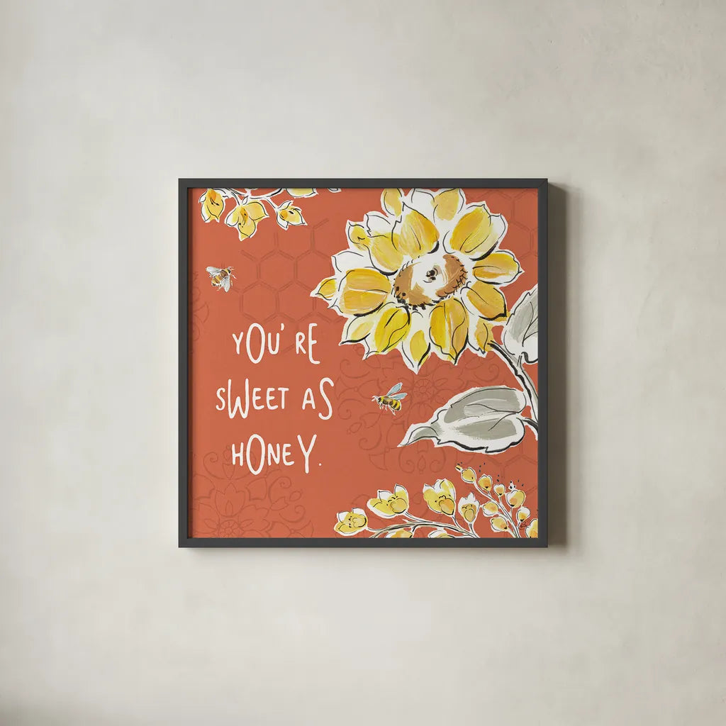 Bee Happy III Spice by Daphne Brissonnet. Shown in a sleek black glass frame for a contemporary gallery look. Available as an archival giclee rolled canvas, fine art paper, or poster print. SKU 36780a.