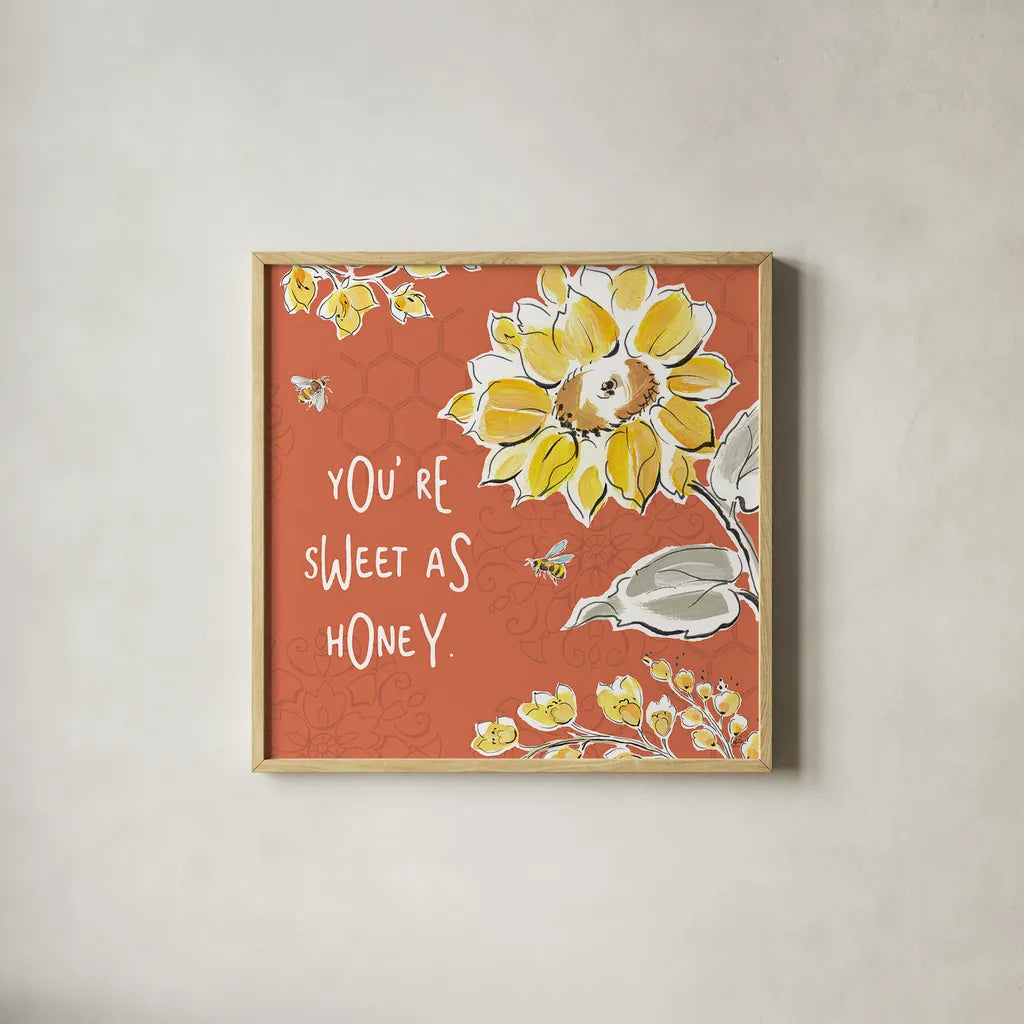 Bee Happy III Spice by Daphne Brissonnet. Shown in a natural wood glass frame for a timeless modern aesthetic. Available as an archival giclee rolled canvas, fine art paper, or poster print. SKU 36780a.