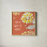 Bee Happy III Spice by Daphne Brissonnet. Shown in a natural wood glass frame for a timeless modern aesthetic. Available as an archival giclee rolled canvas, fine art paper, or poster print. SKU 36780a.