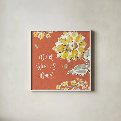 Bee Happy III Spice by Daphne Brissonnet. Shown in a crisp white glass frame for a clean and minimalist style. Available as an archival giclee rolled canvas, fine art paper, or poster print. SKU 36780a.