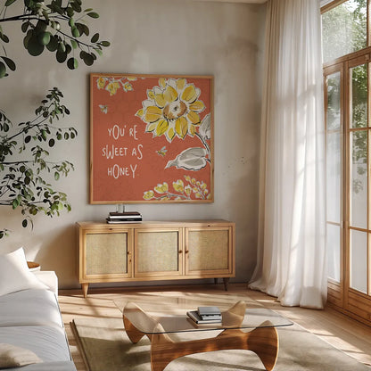 Bee Happy III Spice by Daphne Brissonnet. Shown in a natural wood frame in a cozy modern living room. Available as an archival giclee rolled canvas, fine art paper, or poster print. SKU 36780a.