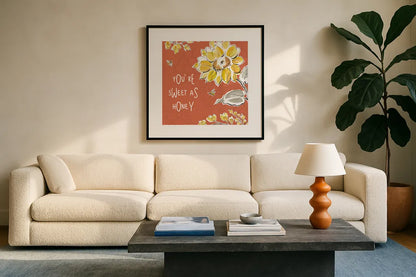 Bee Happy III Spice by Daphne Brissonnet. Displayed in a glass frame with matte in a clean modern living room. Available as an archival giclee rolled canvas, fine art paper, or poster print. SKU 36780a.