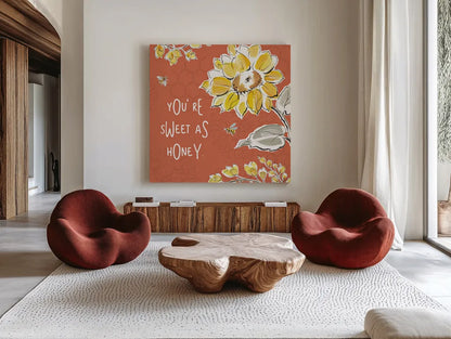Bee Happy III Spice by Daphne Brissonnet. Shown as extra-large giant wall art in a modern living room. Available as an archival giclee rolled canvas, fine art paper, or poster print. SKU 36780a.