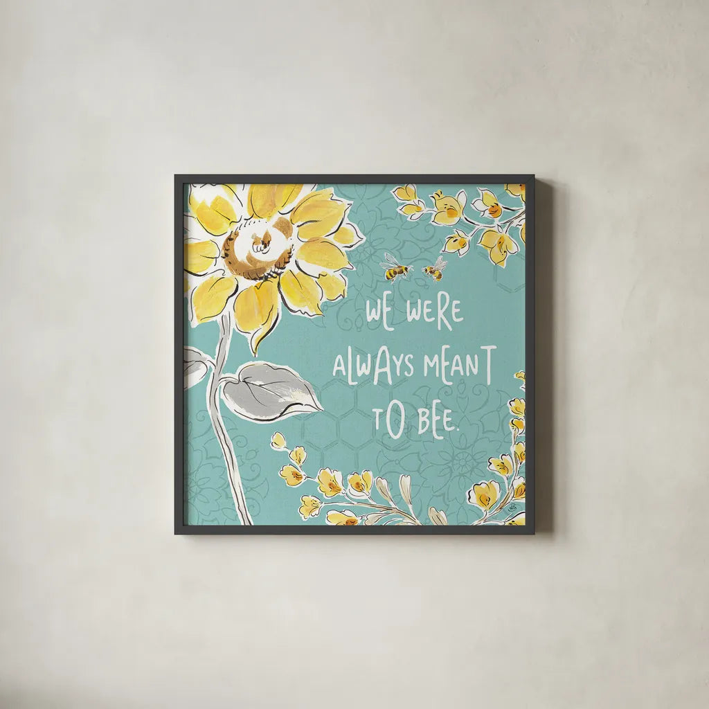 Bee Happy IV by Daphne Brissonnet. Shown in a sleek black glass frame for a contemporary gallery look. Available as an archival giclee rolled canvas, fine art paper, or poster print. SKU 36776a.