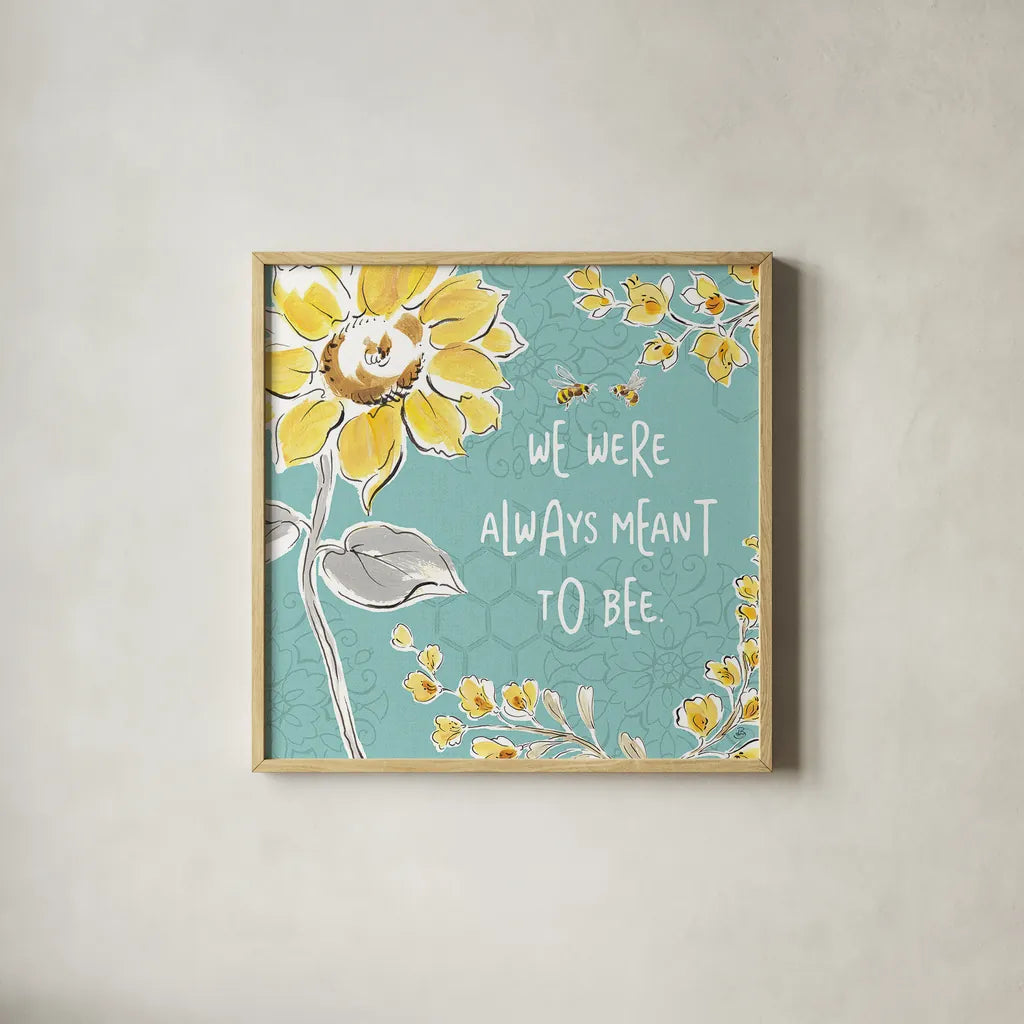 Bee Happy IV by Daphne Brissonnet. Shown in a natural wood glass frame for a timeless modern aesthetic. Available as an archival giclee rolled canvas, fine art paper, or poster print. SKU 36776a.