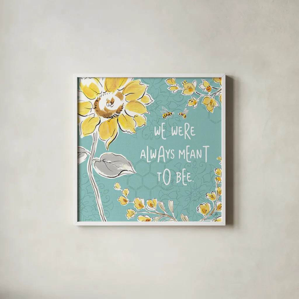 Bee Happy IV by Daphne Brissonnet. Shown in a crisp white glass frame for a clean and minimalist style. Available as an archival giclee rolled canvas, fine art paper, or poster print. SKU 36776a.