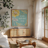Bee Happy IV by Daphne Brissonnet. Shown in a natural wood frame in a cozy modern living room. Available as an archival giclee rolled canvas, fine art paper, or poster print. SKU 36776a.