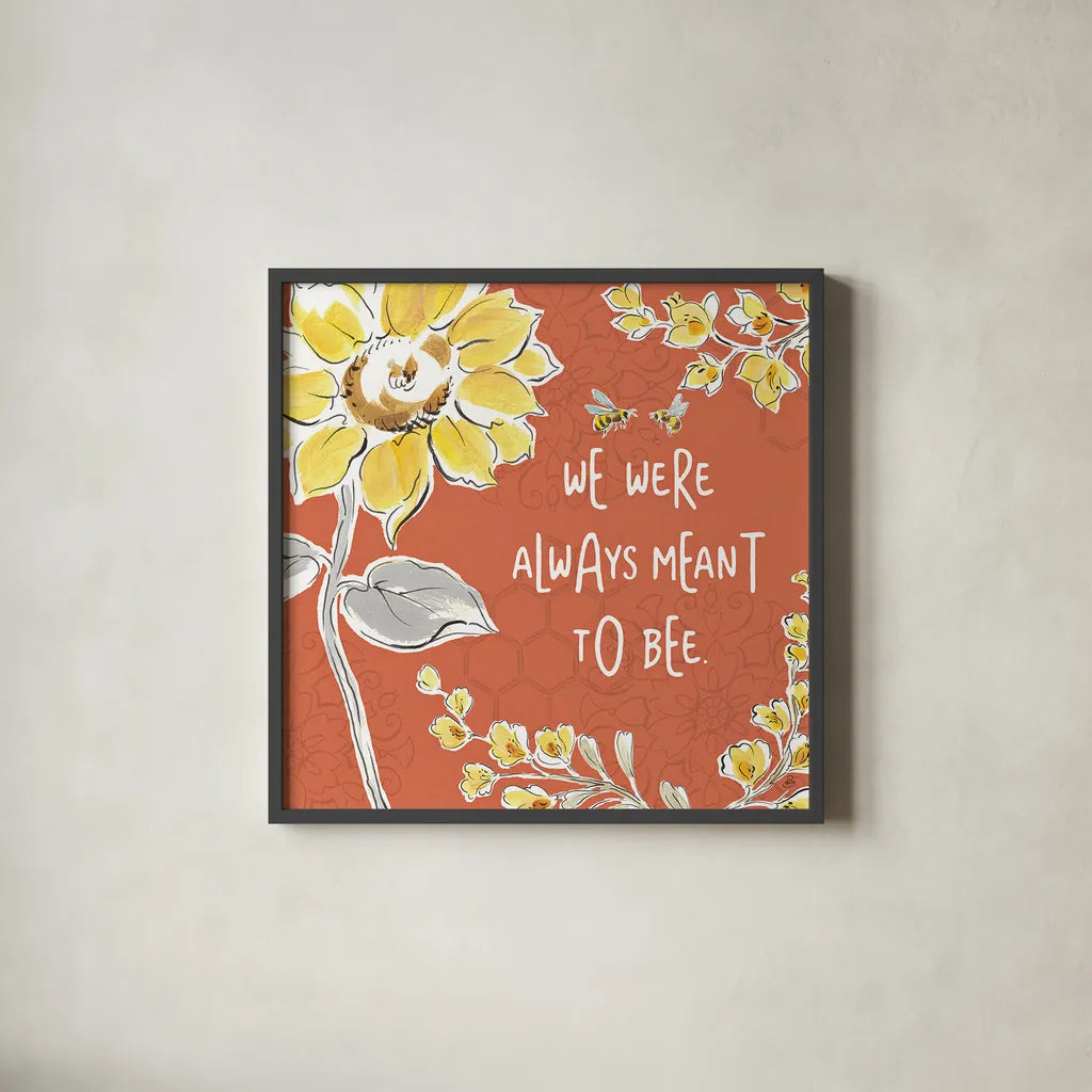 Bee Happy IV Spice by Daphne Brissonnet. Shown in a sleek black glass frame for a contemporary gallery look. Available as an archival giclee rolled canvas, fine art paper, or poster print. SKU 36781a.