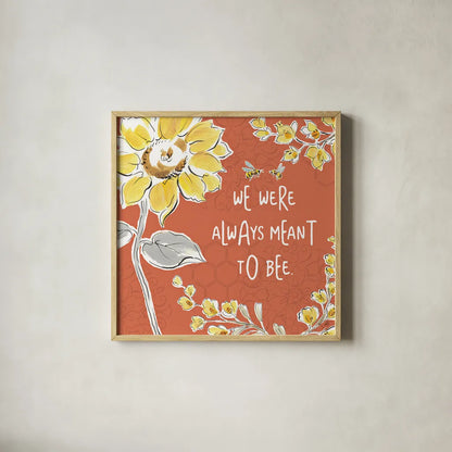 Bee Happy IV Spice by Daphne Brissonnet. Shown in a natural wood glass frame for a timeless modern aesthetic. Available as an archival giclee rolled canvas, fine art paper, or poster print. SKU 36781a.