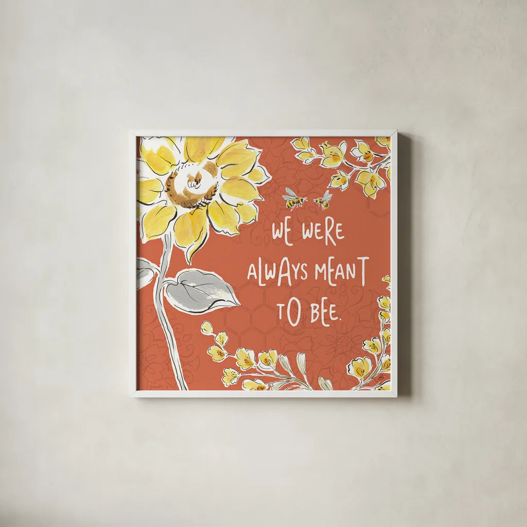 Bee Happy IV Spice by Daphne Brissonnet. Shown in a crisp white glass frame for a clean and minimalist style. Available as an archival giclee rolled canvas, fine art paper, or poster print. SKU 36781a.