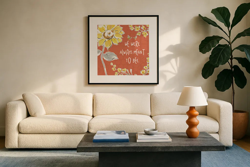 Bee Happy IV Spice by Daphne Brissonnet. Displayed in a glass frame with matte in a clean modern living room. Available as an archival giclee rolled canvas, fine art paper, or poster print. SKU 36781a.