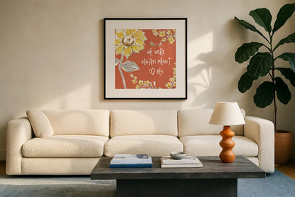 Bee Happy IV Spice by Daphne Brissonnet. Displayed in a glass frame with matte in a clean modern living room. Available as an archival giclee rolled canvas, fine art paper, or poster print. SKU 36781a.
