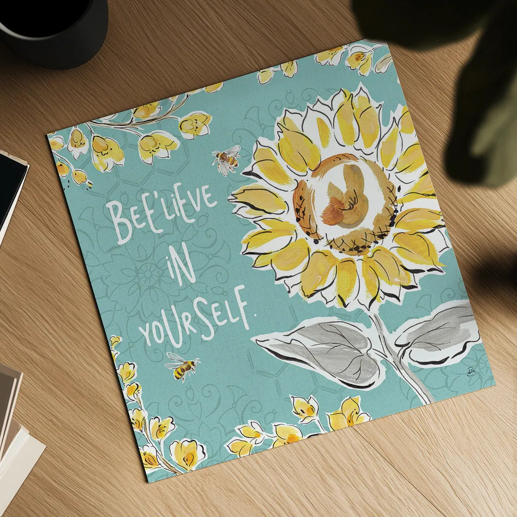 Bee Happy V by Daphne Brissonnet. Shown as a detailed flat fine art print, highlighting archival giclee quality. Available as an archival giclee rolled canvas, fine art paper, or poster print. SKU 36777a.