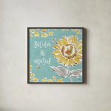 Bee Happy V by Daphne Brissonnet. Shown in a sleek black glass frame for a contemporary gallery look. Available as an archival giclee rolled canvas, fine art paper, or poster print. SKU 36777a.