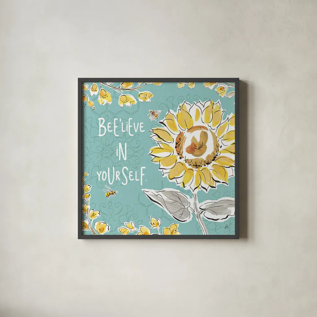 Bee Happy V by Daphne Brissonnet. Shown in a sleek black glass frame for a contemporary gallery look. Available as an archival giclee rolled canvas, fine art paper, or poster print. SKU 36777a.