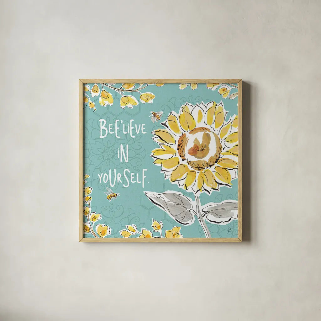 Bee Happy V by Daphne Brissonnet. Shown in a natural wood glass frame for a timeless modern aesthetic. Available as an archival giclee rolled canvas, fine art paper, or poster print. SKU 36777a.