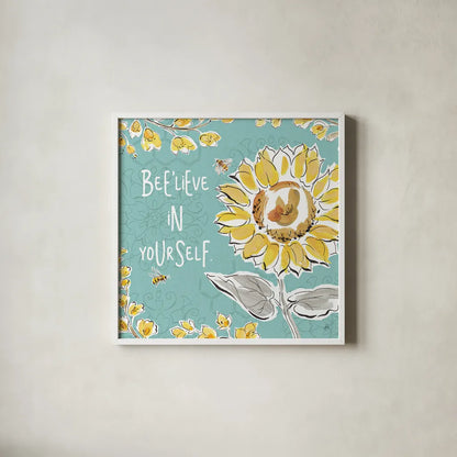 Bee Happy V by Daphne Brissonnet. Shown in a crisp white glass frame for a clean and minimalist style. Available as an archival giclee rolled canvas, fine art paper, or poster print. SKU 36777a.