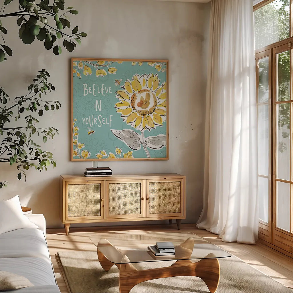 Bee Happy V by Daphne Brissonnet. Shown in a natural wood frame in a cozy modern living room. Available as an archival giclee rolled canvas, fine art paper, or poster print. SKU 36777a.