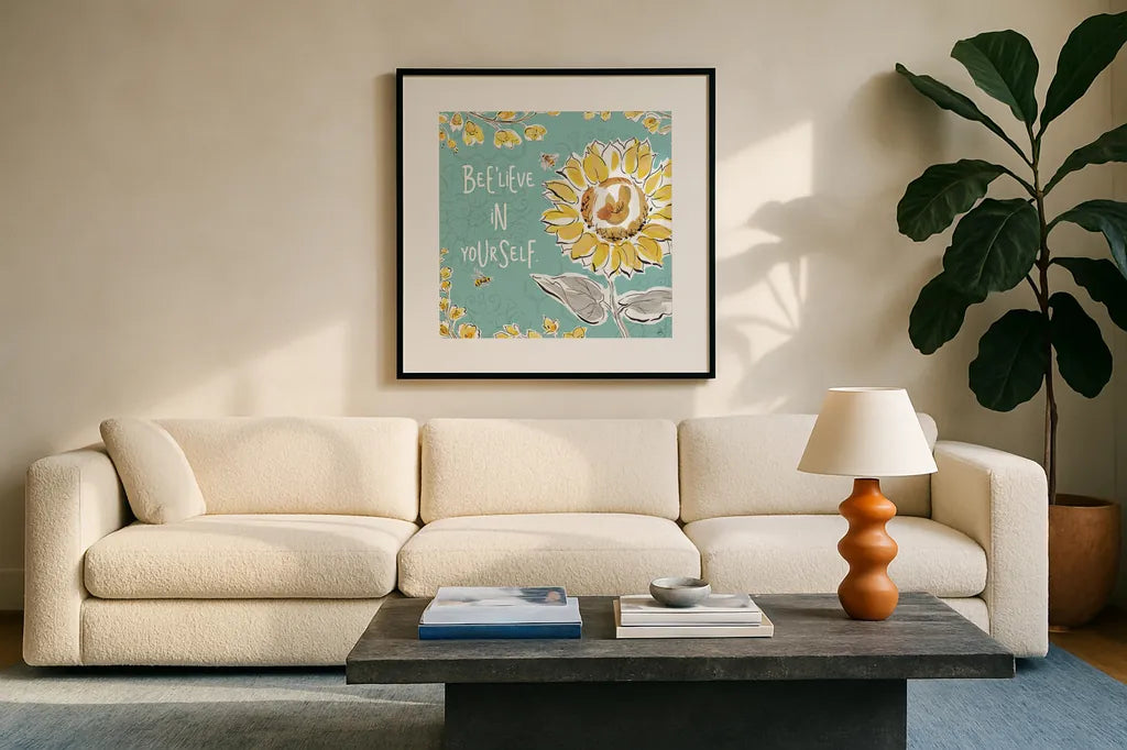 Bee Happy V by Daphne Brissonnet. Displayed in a glass frame with matte in a clean modern living room. Available as an archival giclee rolled canvas, fine art paper, or poster print. SKU 36777a.